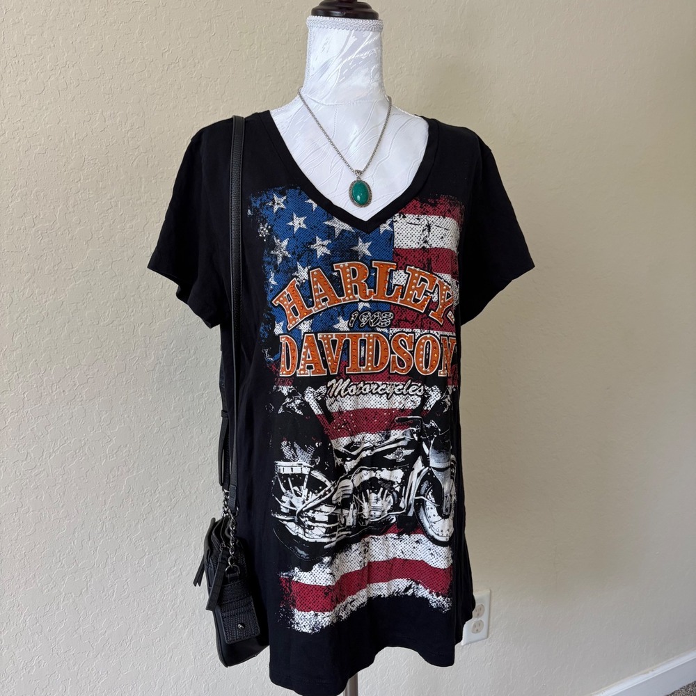 Harley Davidson Orlando Y2K Spirited Tee Patriotic Biker Graphic T Shirt M